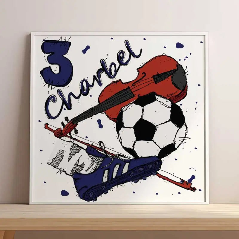 Customized poster of a foot kicking the ball and a violin with the name of the child and his jersey number